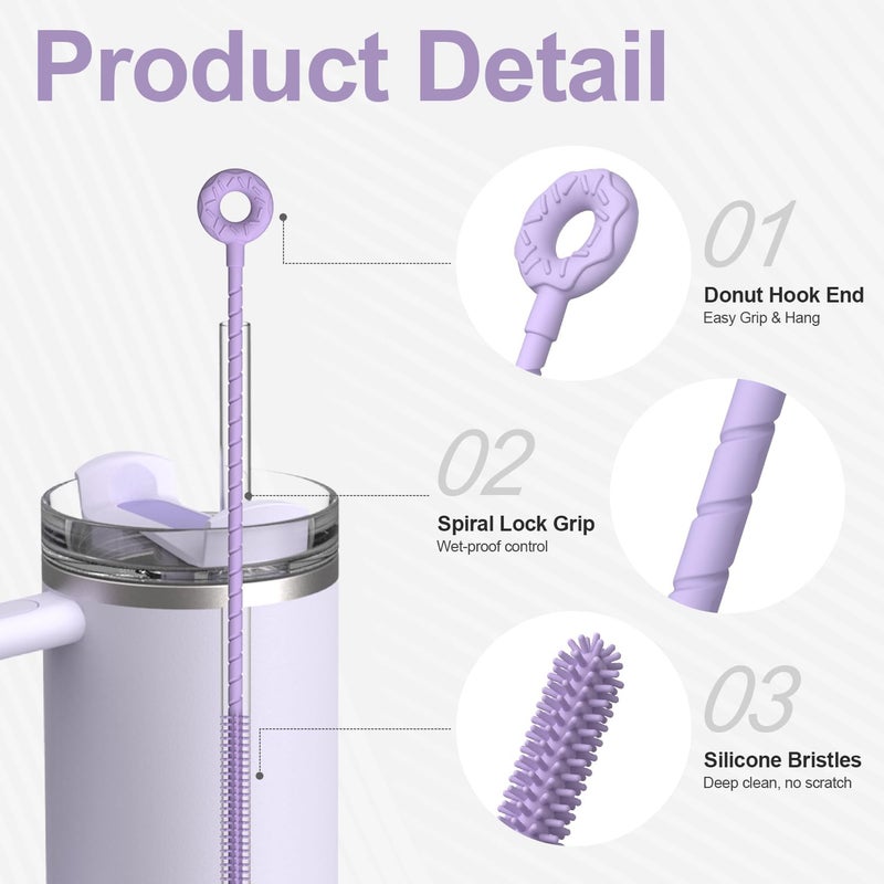 YOTIME Silicone Straw Cleaner Brush, 2 Pcs Reusable Straw Brush(6mm+9mm) for Cleaning Narrow & Wide Straws, Tumblers, Purple - Image 3